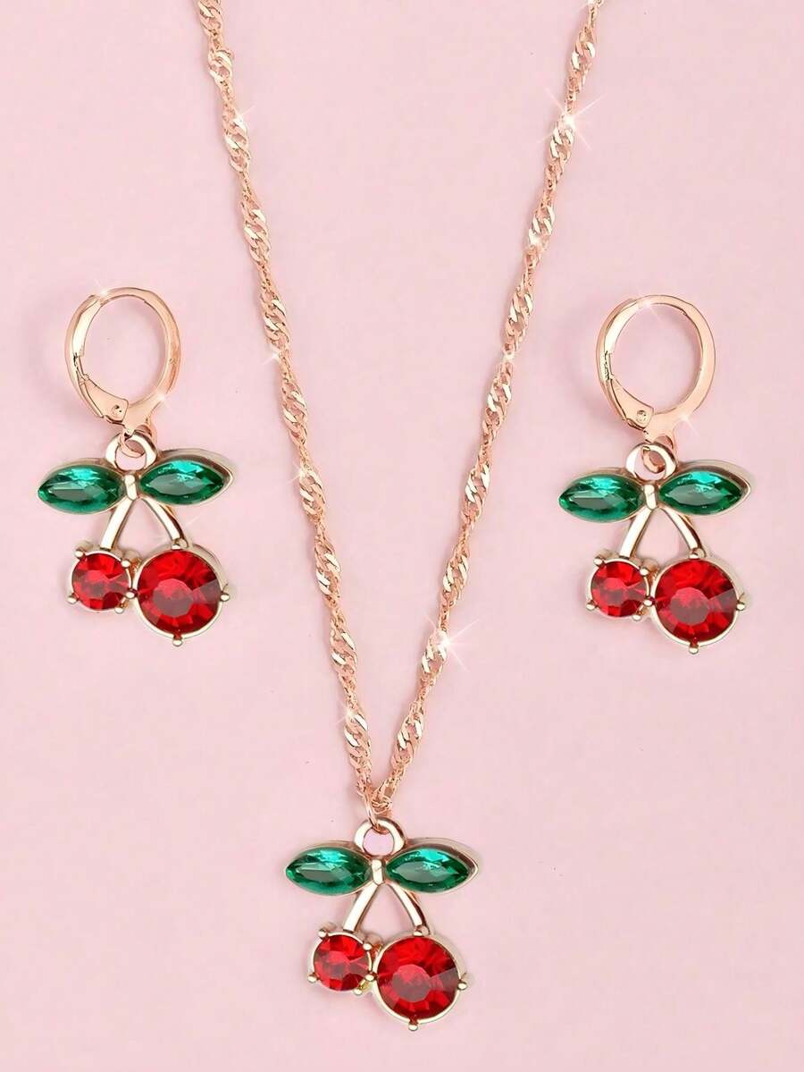 3pcs/Set Cute Cherry Jewelry Set, Include Cherry Crystal Necklace And Earrings For Women - Cherry Jewelry Set - View 1