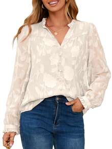 Womens Dressy Casual Blouses Long Sleeve V Neck Chiffon Burnout Shirts Loose Business Work Top Fall Outfits - 杏色 - 查看 1