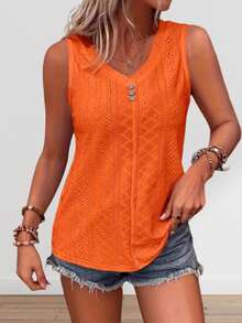 Women's Eyelet Embroidery Tank Tops Solid Color Sleeveless V-Neck Button Front Fitted Vest - Orange - View 4