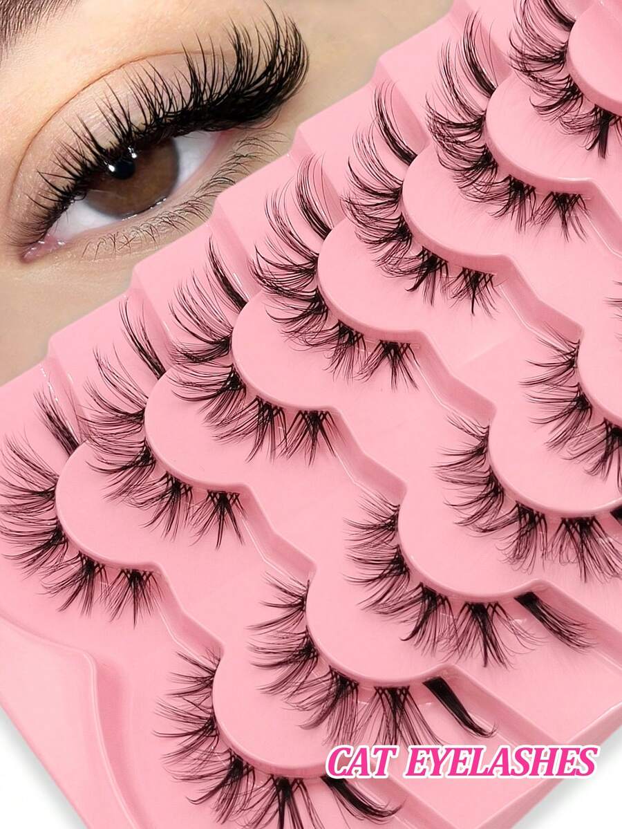 Asiteo 7 Pairs Cat Eye Lashes,Soft Fluffy And Wispy False Eyelashes-Natural Look,Comfortable To Wear Natural Tail Elongated,For Beginners Used Daily Makeup Extension Fake Lashes-Reusable - màu đen - Xem 1