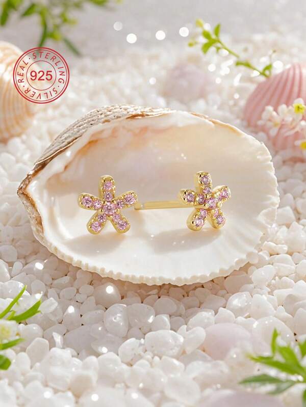 Artepollo 1 Stück 925 Sterling Silber Ohrstecker Traumblume mit eingebettetem funkelnden rosafarbenen kubischen Zirkonia, elegant und geeignet für den täglichen Gebrauch oder Urlaub, perfektes Geschenk für Mädchen, Freundinnen