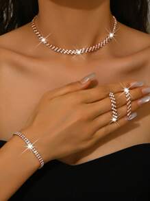 Women Luxury Fashion Jewelry 4-Piece Set: Rhinestone Earrings + Necklace + Bracelet, Elegant & Generous Jewelry Suit, Suitable For Wedding, Party, Gift For Holidays