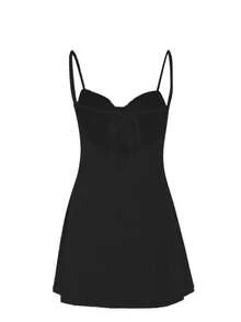 WOWDARK Women Casual Spaghetti Strap Backless Tie Strap Mini Dress, For Autumn - Black - View 4