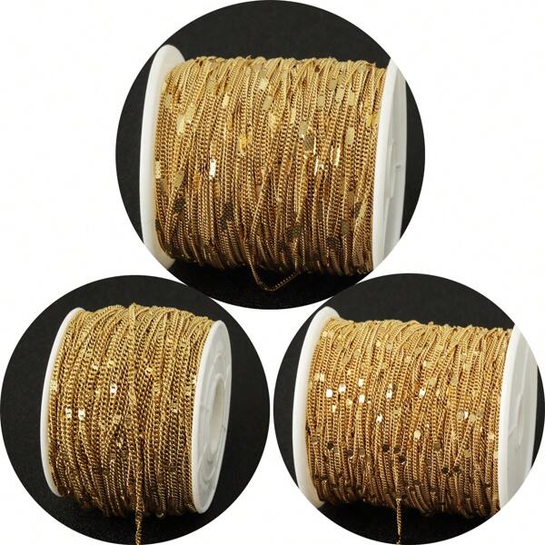 Ahknormailcui 2 metros/78,74 pulgadas Cadena de eslabones de acero inoxidable minimalista sin desvanecimiento, chapada en oro, para hacer collares/pulseras/tobillos. Cadenas Rolo geométricas chapadas en oro de 18 quilates para accesorios de joyería DIY
