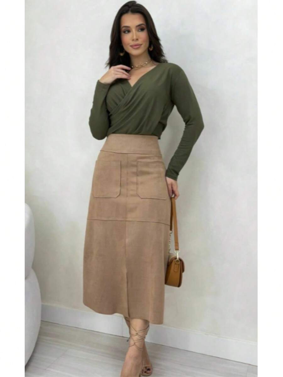 WOMEN'S SUEDE SKIRT WITH ZIPPER AND POCKET. STYLE AND ELEGANCE. - 裸色/米色 - 查看 1