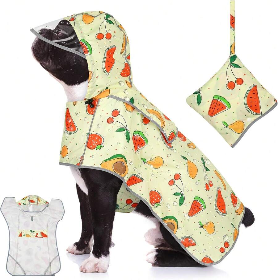 Dog Raincoat, Waterproof Dog Rain Jacket Hooded Reflective Pet Slicker Printed Puppy Poncho Rain Coat For Small Medium Large Dogs - Fruit Printed - View 1