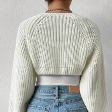 Women Open Front Ribbed Knit Crop Bolero Drop Shoulder Long Sleeve Solid Loose Fit Knitted Crop Cardigan Shrug