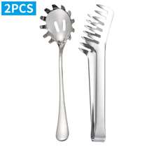 2/4PCS Spaghetti Spoon Server, Spaghetti Spoon And Pasta Tong, Non-Stick 9.4 Inch Stainless Steel Pasta Spoon With Teeth And Pasta Tongs, Comfortable Grip Design Pasta Server For Kitchen