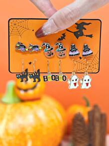 10 Peças/12 Peças Conjunto de Brincos para Halloween, Brincos de Botão com Elementos de Abóbora, Fantasma e Morcego Decorados com Strass