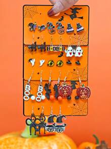 10 Peças/12 Peças Conjunto de Brincos para Halloween, Brincos de Botão com Elementos de Abóbora, Fantasma e Morcego Decorados com Strass