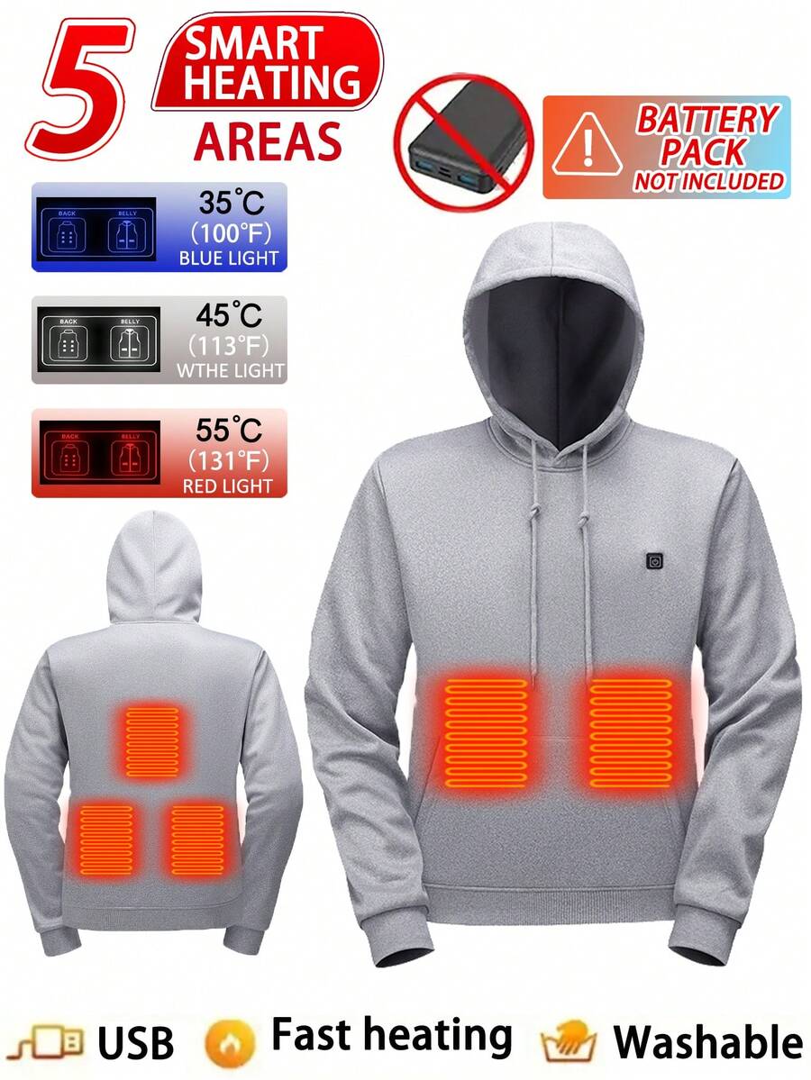 Men's Casual Solid Color Hoodie, Single-Control 5-Zone Heating Clothing, Winter Thermal Insulation Heated Jacket - Grey - View 1