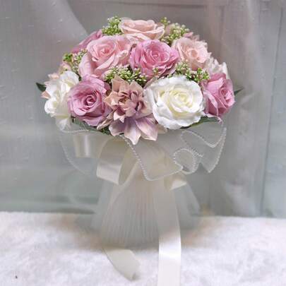 1pc7.9*7, 9-Inch Artificial Imitation Rose Bouquet With Ribbon Decoration, An Elegant And Beautiful Hand Bouquet, Suitable For Bride/Bridesmaid Wedding Decoration, Suitable For Family Wedding Reception Etiquette Church Decoration, Anniversary Gift,
