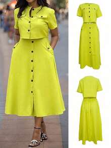 2pcs/Set Casual Round Neck Short Sleeve Buttoned Crop Top And Single Breasted Pocket A-Line Skirt Outfit Summer - Màu vàng - Xem 8
