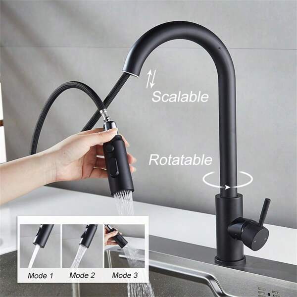 1 set Robinet d'évier de cuisine pivotant à 360° avec pulvérisation à 3 modes, de couleur noire, à retour par gravité, à montage sur plan à trou unique, avec tuyau et accessoires d'installation