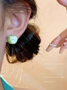 1 对 2 件装青苹果可爱夸张个性女士耳钉，适合日常通勤和约会佩戴 - 綠色 - 查看 8