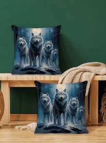 Fronha com design contemporâneo de lobo, 2 peças, fibra de poliéster, impressão unilateral, capa de almofada decorativa para sofá, decoração para casa, tema animal, estilo retrô, padrão geométrico, sala de estar, fecho de zíper, limpeza parcial sem núcleo de travesseiro