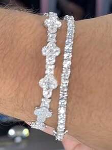 1套男士银色闪亮水钻手链，嘻哈饰品 - 水鑽手鍊 - 查看 7