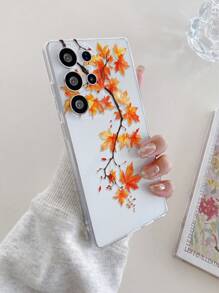 1 pieza Funda de teléfono de TPU transparente y suave con diseño minimalista retro de rama de árbol y hoja de arce, anti-caídas, anti-arañazos y anti-huellas dactilares, con protección para la lente de la cámara, compatible con Apple, Nothing, Pixel, INFINIX, Redmi