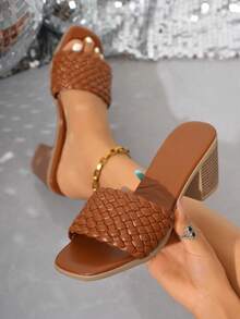 女士时尚中跟露趾穆勒凉鞋，方头，时尚女士高跟拖鞋，性感