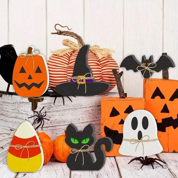 6pcs Halloween Wooden Decor - Halloween Wooden Signs Including Pumpkin, Ghost, Bat, Black Cat, Witch Hat, Candy Corn, Freestanding Plaque, Halloween Tiered Tray Decor, Suitable For Farmhouse Style Rustic Home Fireplace