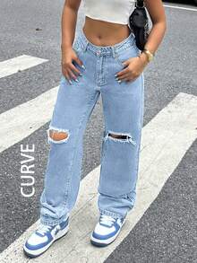 Quần jeans cỡ lớn kiểu Y2k, ống côn, dáng ôm, rách gối, chất liệu denim kiểu mẹ, phong cách thường ngày, mùa xuân. - Rửa nhẹ - Xem 8