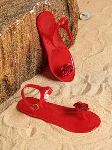 新款水晶透明果冻女士平底凉鞋，手工红色玫瑰花装饰防滑柔软沙滩凉鞋，度假和户外休闲的理想选择 - 紅色玫瑰-紅鞋 - 查看 7