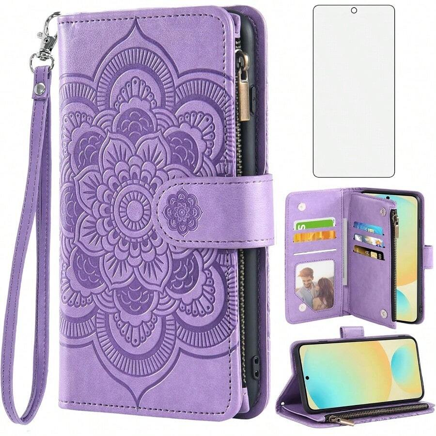 HMXQYAsuwish Phone Case For  Galaxy S24 FE 5G Wallet Cover With Tempered Glass Screen Protector And Flower Leather Flip Credit Card Holder Stand Cell Accessories S 24 EF S24FE 24S Women Men Purple6196 - Màu tím - Xem 1
