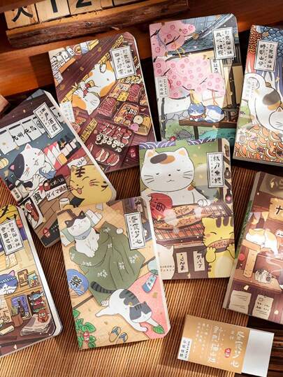 Portable Pocket Notebook, 160 Pages. Made Of Offset Paper, Coated Paper, And White Kraft Paper. A7 Size, Exquisite And Compact, Easy To Carry. The Inner Pages Feature Cute Hand-Drawn Cat Illustrations. Beautifully Designed Inner Pages, Thick Paper. Lays Flat 180 Degrees For Smooth Writing. Pocket Notebook. Student Notebook. Planner. Sticky Notepad. Student Stationery, Back-To-School Gift. Consumables