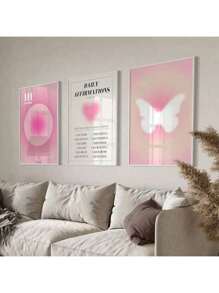 3 pièces - Affiche de gradient d'aura abstrait, art mural spirituel d'affirmation quotidienne rose, peinture sur canevas de papillon, décoration de salle esthétique, cadre en option