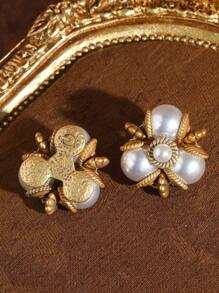 2pcs Vintage Antique Bronze Plated 18K Gold Clover Faux Agate Glass Pearl Green Turquoise Beaded Dangle Earrings