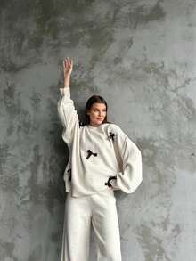 Women Casual Heart Pattern Round Neck Long Sleeve Pullover Top And Long Pants Set, Embroidery Design - White - View 5