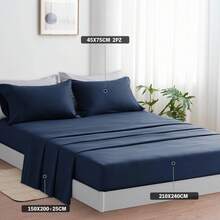 Juego de cama liso 3/4 piezas – Disponible para camas de 90/135/150/180 cm – 10 colores – Sábana bajera, encimera y funda/s de almohada – Suave, transpirable y fácil de lavar - Azul oscuro - Ver 8