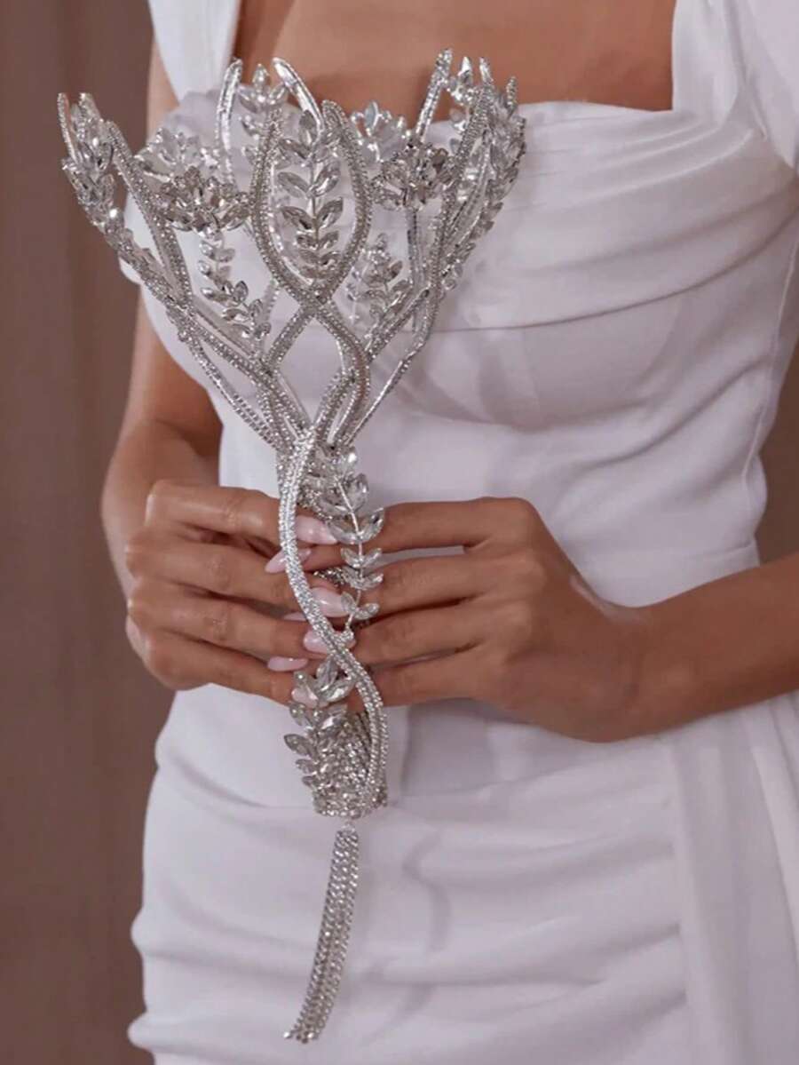 Rhinestone Floral Bridal Bouquet Accessory – Elegant Crystal Handheld Piece For Wedding Ceremony - Bạc - Xem 1