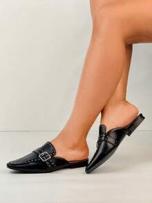 Pointed Toe Slip-On Mule Slippers With Rivet Decor, Retro Flat Bottom British Style Sandals - Black - View 2