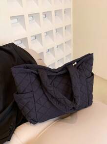 Large Capacity Solid Color Canvas Tote Bag, Fashionable For Daily Commute