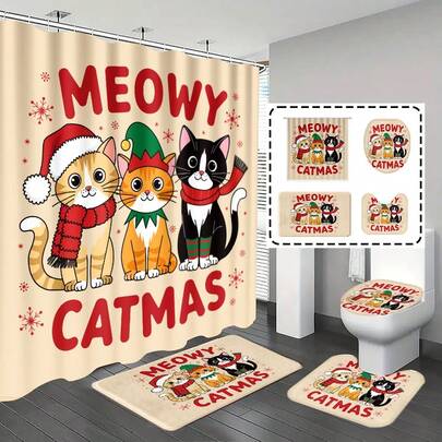 [Popular Choice] 1pc/4pcs, Bathroom Curtains Shower, Bathroom Set, Shower Curtain Set, Shower Curtains, Bathroom Decor, Bathroom Rug, Home Decor, Bath Mat, Christmas Hat And Cat Pattern, Gift, Christmas And New Year Theme Decoration, "Merry Christmas", Classic Minimalist Fashion Bathroom Set, With 12 Hooks Included