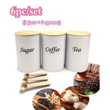 Bộ 3 lọ đựng cà phê tròn, hộp đựng cà phê, trà, đường, có 3 muỗng cà phê, bao gồm hộp kim loại màu đen trắng có nắp gỗ và nắp đậy kín khí - Hộp đựng thực phẩm an toàn cho nhà bếp có nhãn khắc, thích hợp để lưu trữ, nhà hàng, trang trí, quà tặng cho mẹ, ngày của mẹ, đám cưới, quà tặng cho bố, bạn trai, bạn gái - Nhiều màu - Xem 13