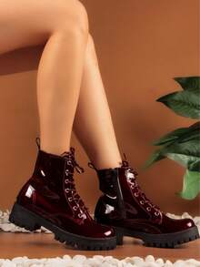 Botas de tacón medio para mujer, botas de tobillo de punta redonda - Botas cortas casuales con suela blanda y ligera, zapatos suaves y cómodos para mujer, botas con cordones y tacón grueso de estilo  Gótico  Vintage - Rojo violeta - Ver 2