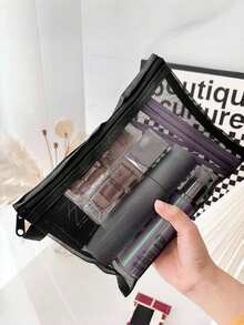 2025 Nowa minimalistyczna siateczkowa kosmetyczka, kompaktowy organizer na szminkę i poduszkę, duża pojemność, przenośna torba podróżna, codzienne pudełko do przechowywania kosmetyków, niezbędny element podróży, nadaje się na prezenty na Halloween i Boże Narodzenie - Czarne - Zobacz 6