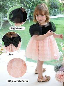 Baby Girls Bow Back Puff Sleeve Tulle Party Princess Dress, Suitable For Baby's 1st Birthday, Wedding, Party, Holiday Celebration - Pink - View 3