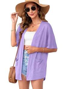 Womens Short Sleeve Kimono Cardigans Lightweight Summer Cardigan Casual Loose Beach Cover Up Curved Hem With Pockets - A12-purple - View 1