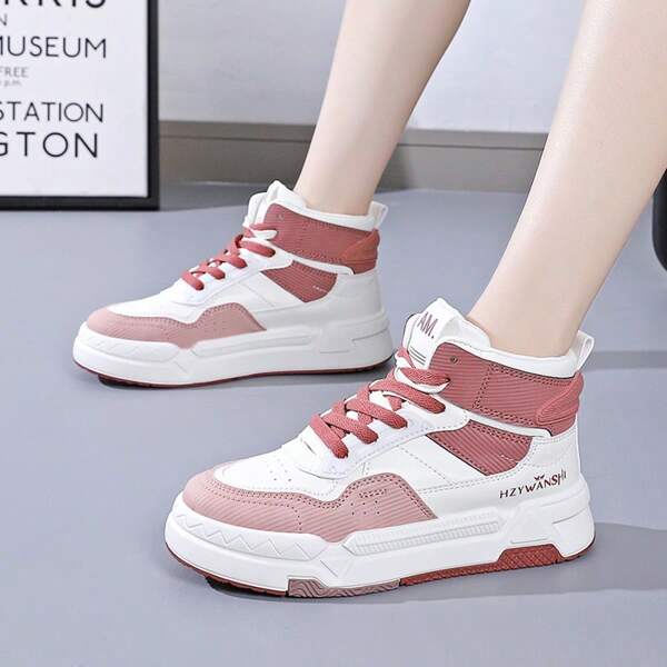 Damen High-Top Farbblock Sport Sneaker, Schnürung, Obermaterial aus PU-Leder, Futterstoff, Gummisohle, geeignet für Lässig, Skateboarding, Alltagstragen