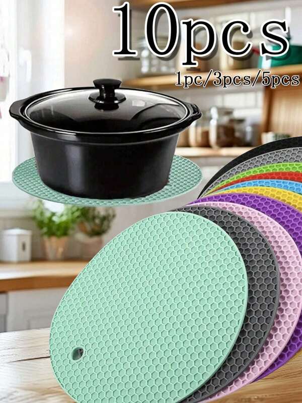 10-1pc Honeycomb Silicone Placemat, Non-Slip Mat, Pot Holder, Coasters, Multifunctional Round Heat Resistant Silicone Pad, Cup Holder, Pot Rack, Dining Table Mat, Kitchen & Dining Accessories, Camping Blanket