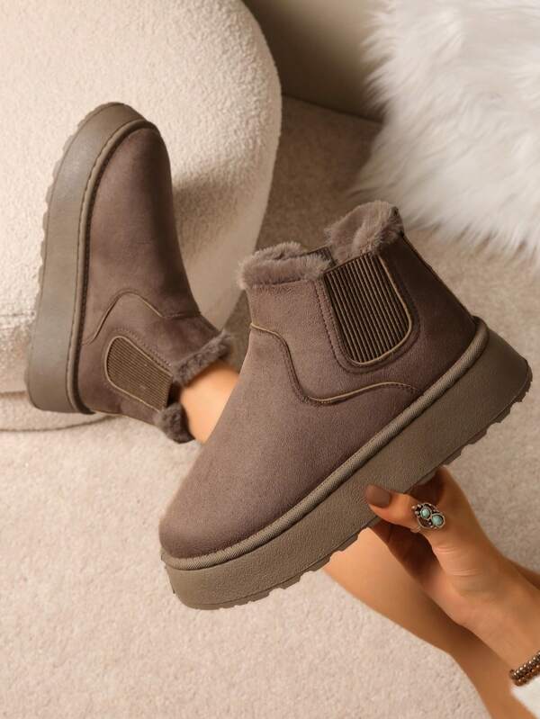 Nouvelle collection 2025 Bottes mi-mollet élastique à enfiler d'un style occidental moderne minimaliste pour couple et parent-enfant. Plateforme, semelle épaisse, antidérapante, imperméable, doublure en fausse fourrure moelleuse, patchwork élastique. Idéales pour la maison, le quotidien, le campus, l'extérieur, les fêtes, le ski