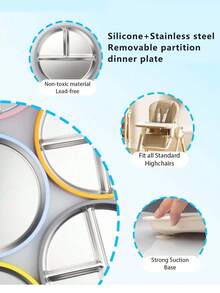 1 Piece Stainless Steel Baby Plate With Suction Cups, Detachable Silicone Cover For Children's Divided Plate, Anti-Slip And Anti-Drop, Suitable For Use