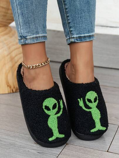 Fall/Winter Halloween Alien Plush Slippers For Women, Fashionable Party Slippers, Non-Slip Indoor Home Slippers, Holiday Gift