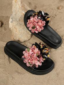 Sandalias/chinelas minimalistas para mujer, con decoración floral, suela gruesa, de uso casual, cómodas, para playa y vacaciones, tipo slip-on y planas