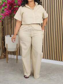 2pcs/Set Plus Size Linen Casual Outfit, Short Sleeve Shirt And Wide Leg Pants, Spring/Summer - Apricot - View 1