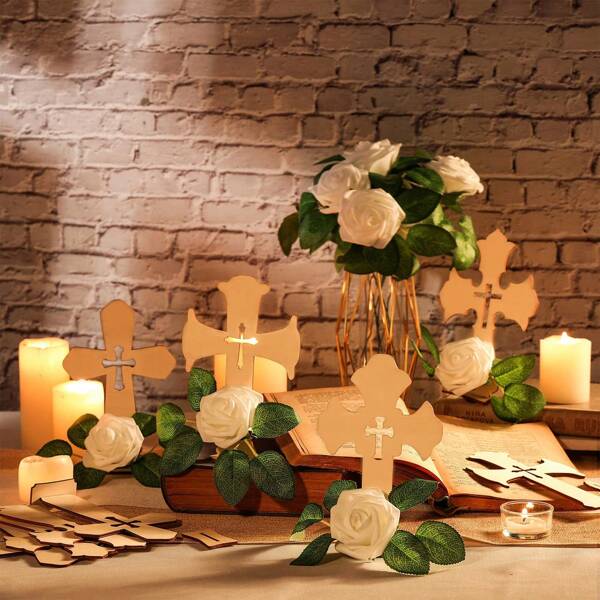 8 Sets Of Wooden Cross Decorations, Wedding Table Centerpieces, Holy Communion Baptism Decorations, Creative Woodcarving Crafts, Unfinished Wooden Cross Centerpieces Tables Decoration Gift