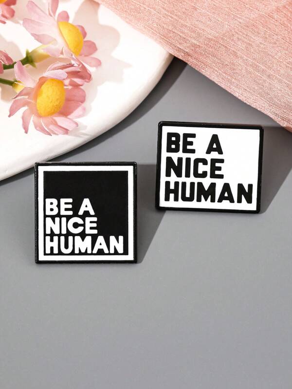 2pcs Black & White Drip Oil Geometric Square Brooch, "Be A Good Person" Cartoon Text Creative Alloy Badge Decoration For Clothing, Hat, Versatile Lapel Pin School
